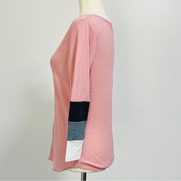 WildFox Soft Waffle Knit Leroy V-Neck Tee XS 3/4 Quarter Sleeve Pink White Gray - Picture 10 of 13